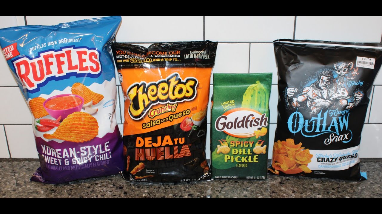 Ruffles Korean-Style, Cheetos Salsa Con Queso, Goldfish Spicy Dill Pickle, Outlaw Snax Nashville Hot