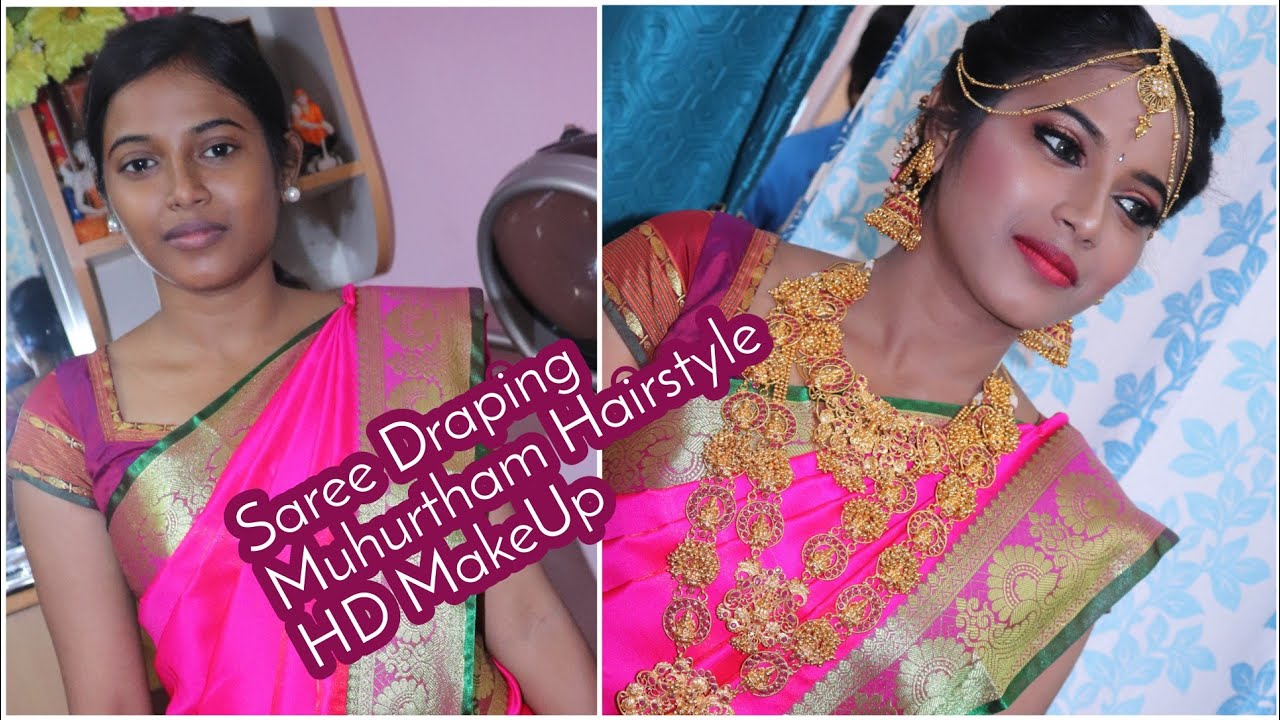 Bridal Saree Draping, Muhurtham Hairstyle, HD Make up Look