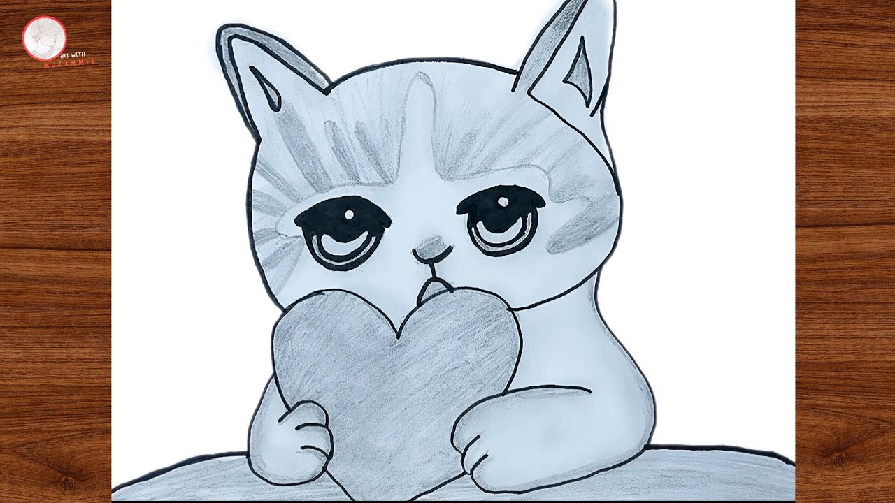 Easy How To Draw Cat Holding Heart step by step | Pencil sketch Drawing Easy