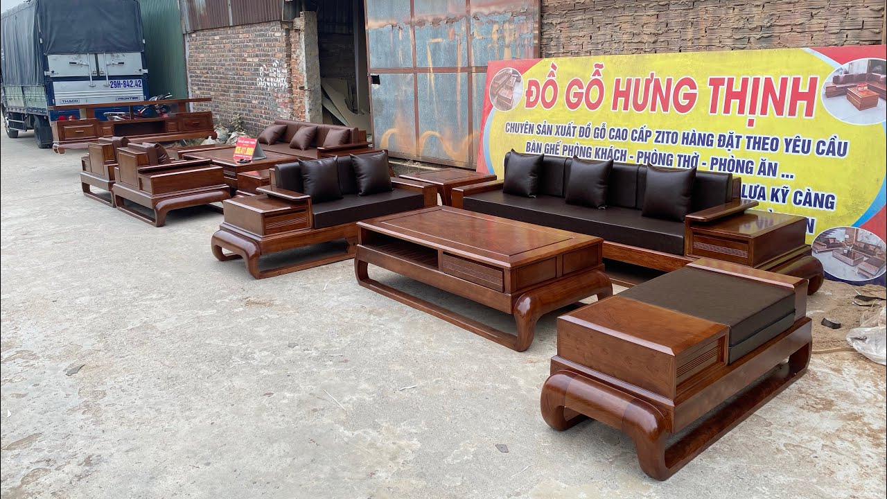 Giới thiệu kỹ và báo giá 2bộ sofa gỗ hương PU màu óc chó 0354118888