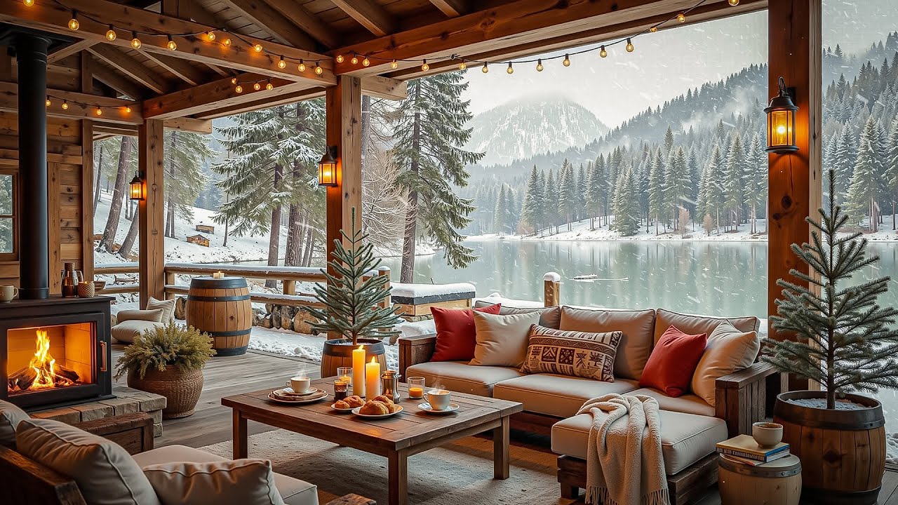 Cozy Winter Porch by the Lake 🎄 Soothing Jazz Music, Fireplace Sound for Holiday Relaxation