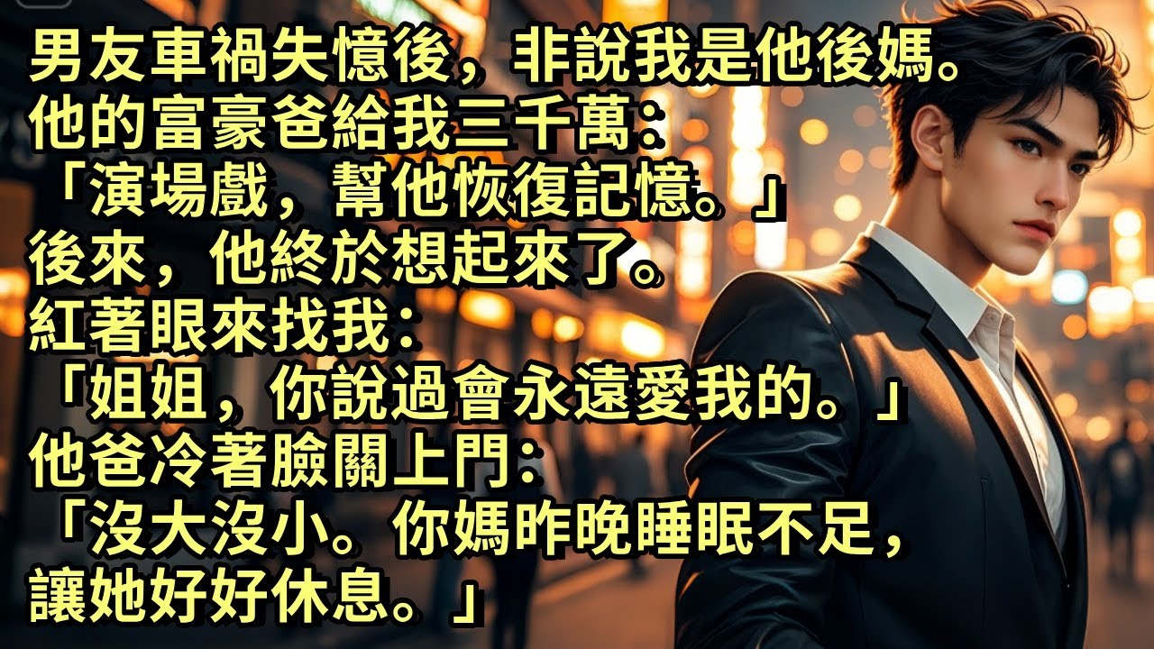 男友車禍失憶後，非說我是他後媽。他的富豪爸給我三千萬：「演場戲，幫他恢復記憶。」後來他想起來了。紅著眼來找我：「姐姐，你說過會永遠愛我的。」他爸冷臉關門：「沒大沒小。你媽昨晚睡眠不足，讓她好好休息。」