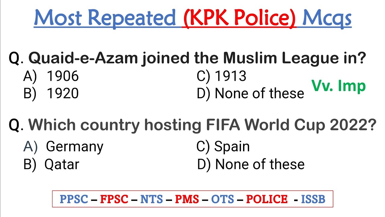 Most Repeated KPK Police Past Papers MCQs | kpk police constable written solved past paper