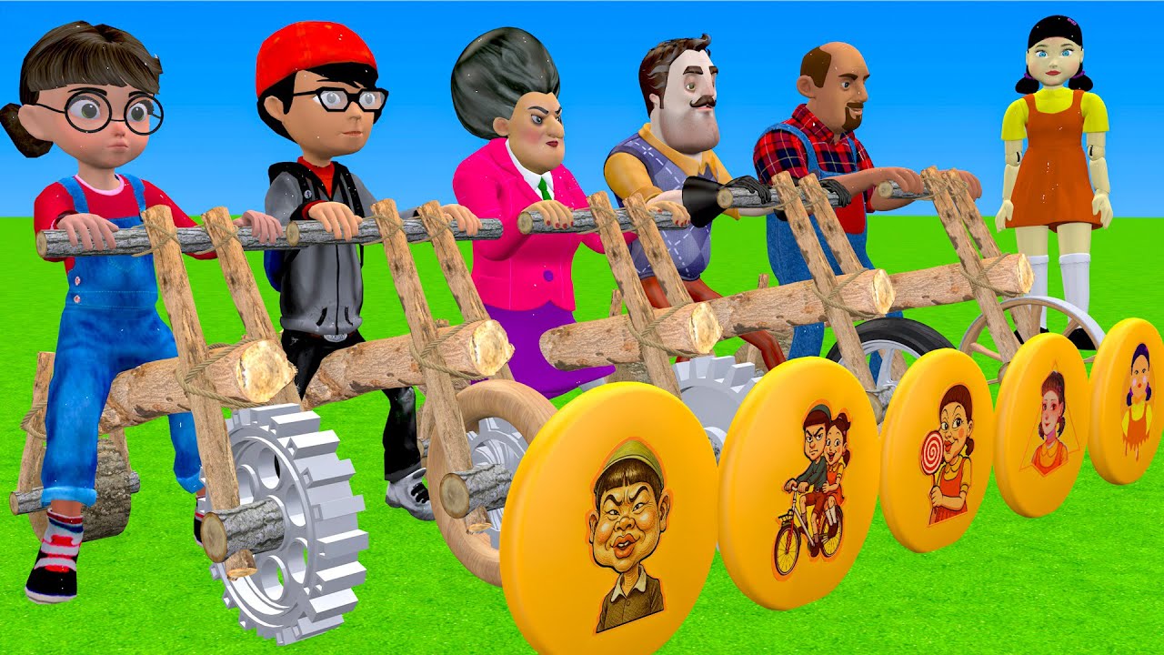 Scary Teacher 3D vs Squid Game Driving Wooden Bikes vs HoneyComb Candy Shapes 5 Times Challenge