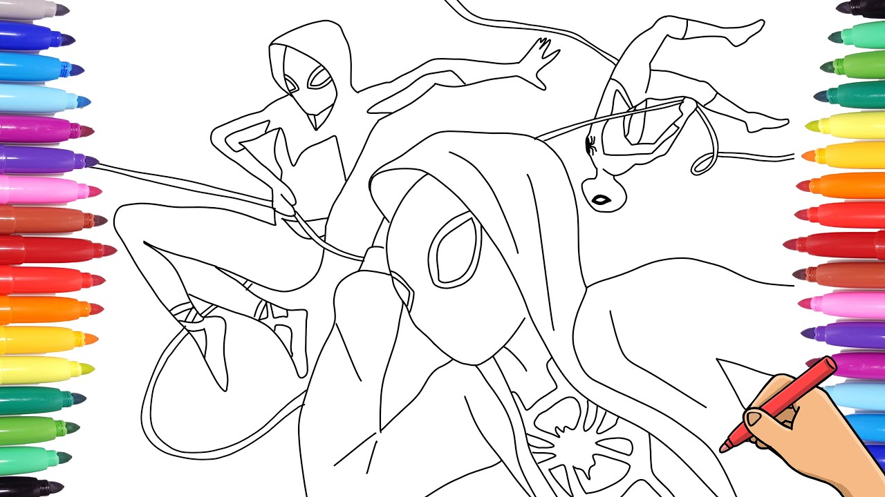 SPIDERVERSE COLORING PAGES - HOW TO DRAW AND COLOR SPIDERMAN MILES AND GWEN STACY SPIDERWOMAN