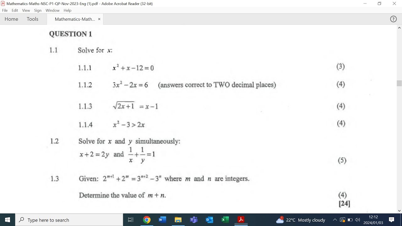 B | NOVEMBER 2023 MATHEMATICS PAPER 1 P1 - SOLVE FOR X QUADRATIC, Simultaneous Equations | GRADE 12