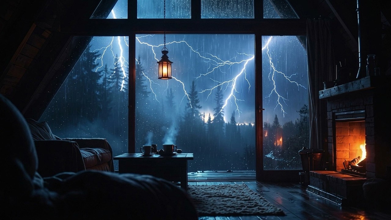 🌙 Midnight Rain & Rolling Thunder, Fireplace Warm Glow &ndash; 10 Hours of Restful Night 🔥🌧️