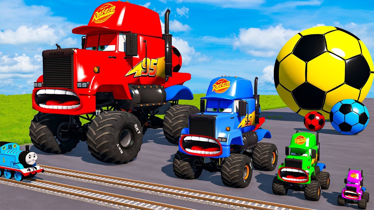 4 MONSTER TRUCKS vs Big & Small Long Mack Truck with Ball vs Train Thomas - BeamNG.Drive