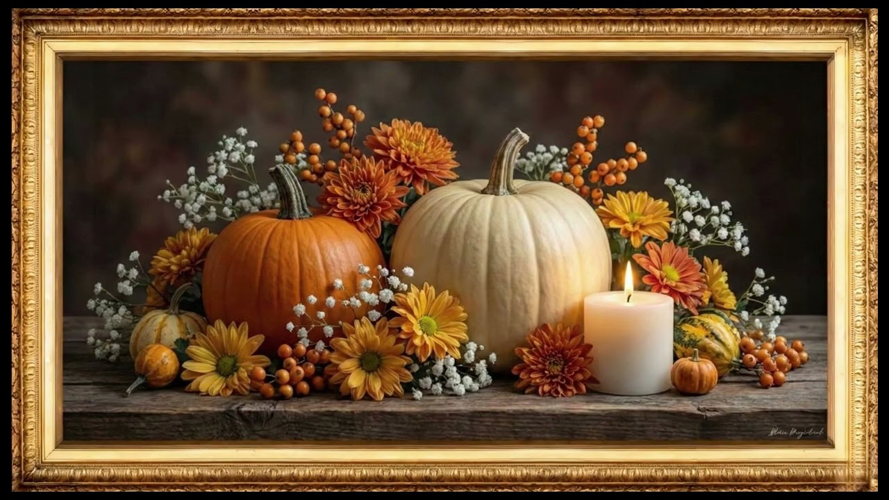 Cozy Autumn Pumpkins & Candlelight - Rustic Harvest Still Life | TV Wallpaper | Loop Art