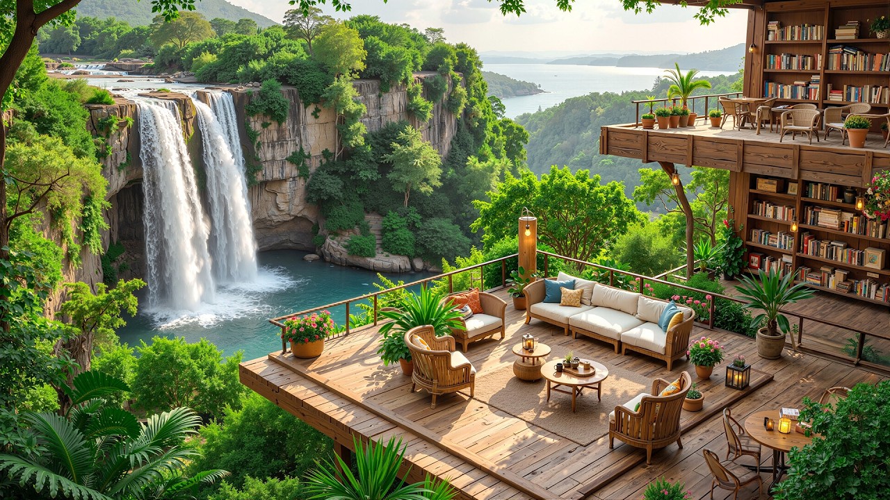 Serene Terrace Coffee Shop Jazz with Waterfall View 🌿 Spring Jazz for Relaxation & Focus