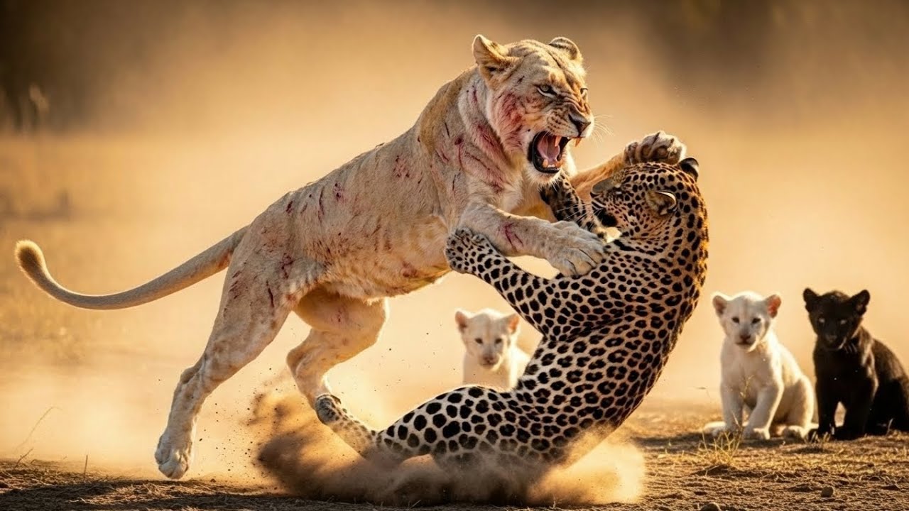 White Lioness Saves Her Black Cubs From Leopard Attack | Real Wild Animal Fight Story