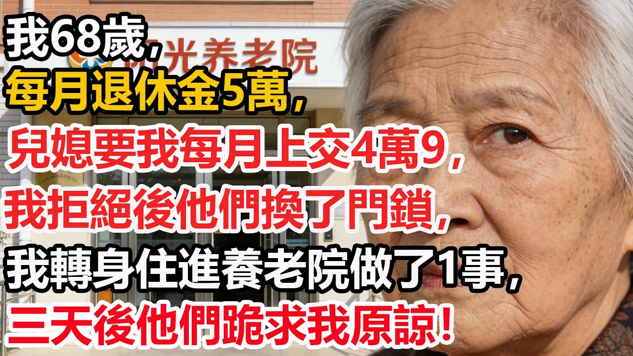 我68歲，每月退休金5萬，兒媳要我每月上交4萬9，我拒絕後他們換了門鎖，我轉身住進養老院做了1事，三天後他們跪求我原諒！