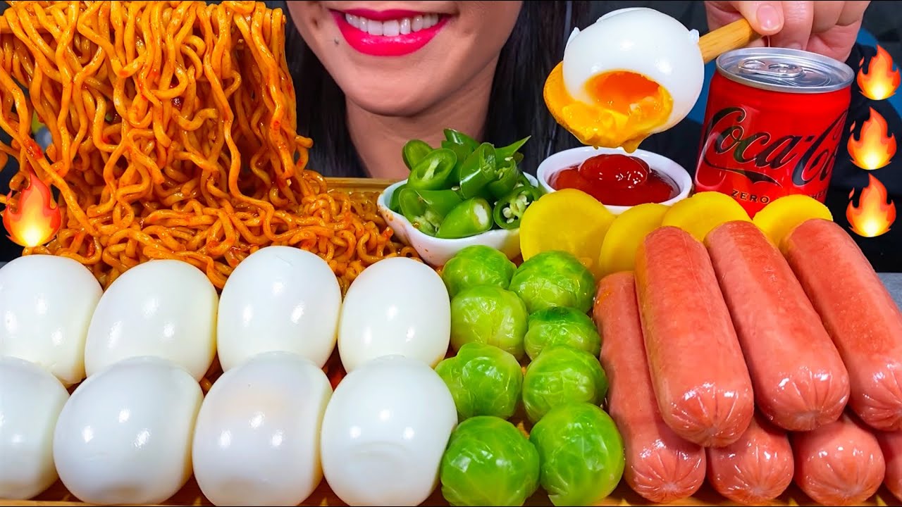 ASMR SPICY NOODLES, SOFT BOILED EGGS, SAUSAGES, CHILI, MUKBANG MASSIVE Eating Sounds