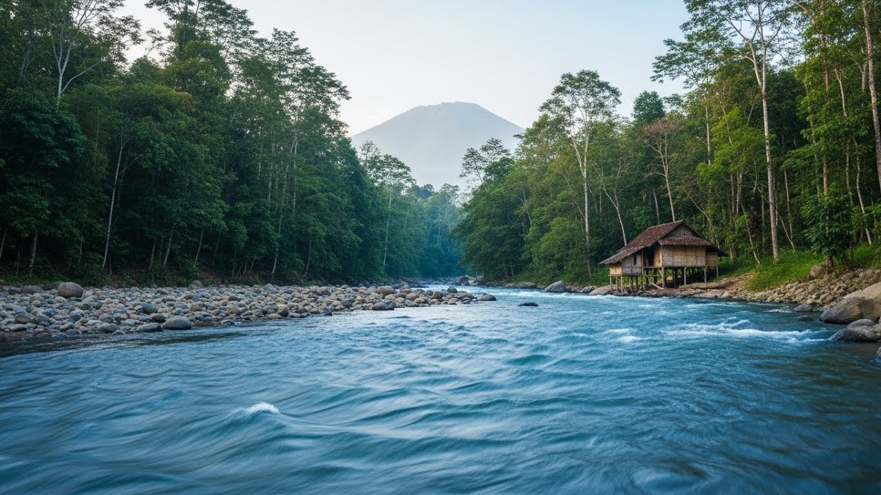 Indonesian Natural ASMR 🌿 Rapid Blue River, Bamboo House, Mount Samar