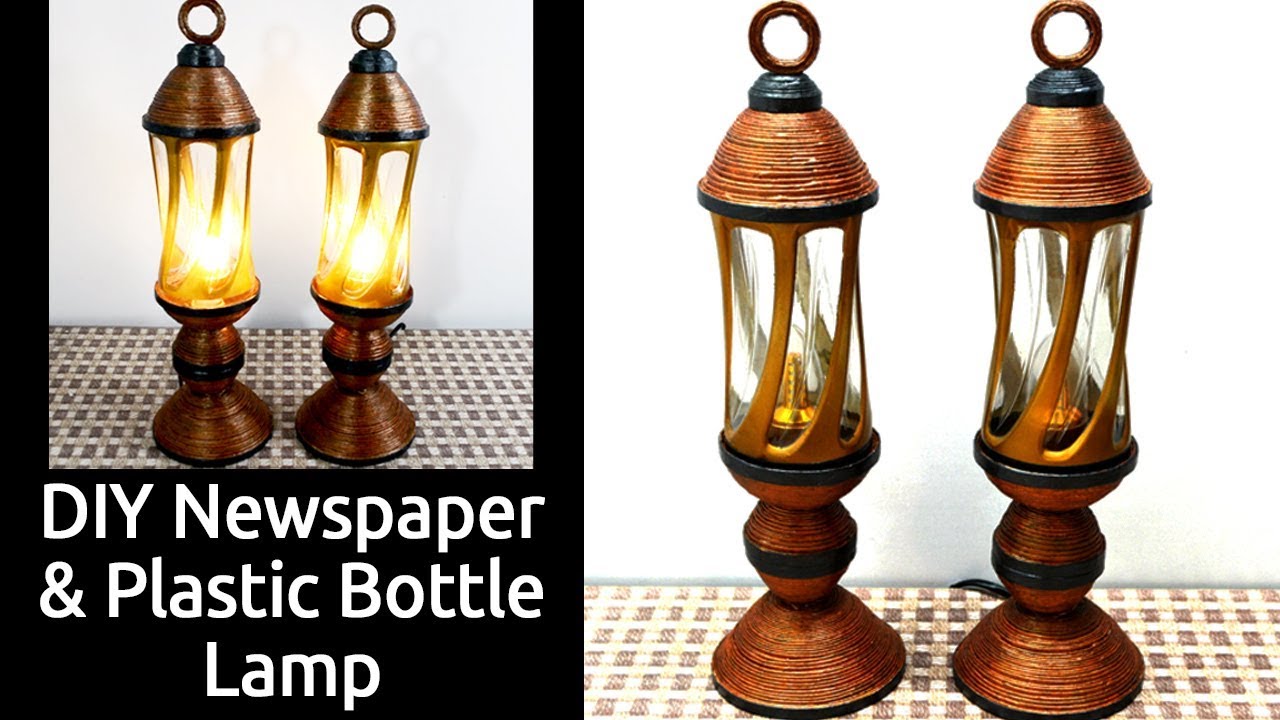Waste Craft from Newspaper & Plastic Bottle - How To Make a Lamp Out of Newspaper and Plastic Bottle