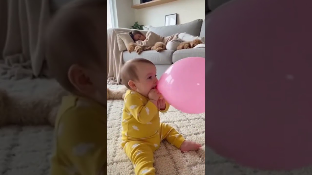 👶🎈 Tiny Baby, Big Balloon Disaster 🐩😂 #BabyComedy #DogReaction #FamilyFun #BalloonChaos #Shorts