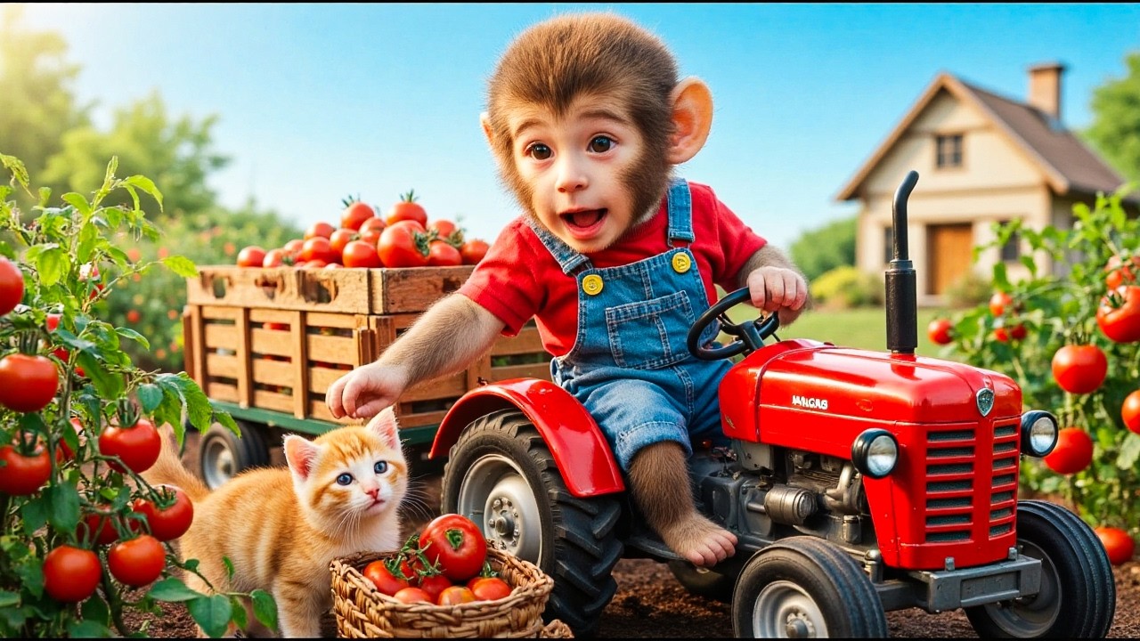 Monkey BoBo Harvests Fresh Tomatoes with a Cute Kitten on a Little Red Farm Tractor 🍅🚜🐱
