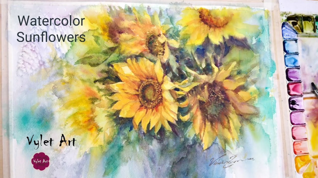 Watercolor Sunflowers painting, Salt effect Background, 水彩向日葵