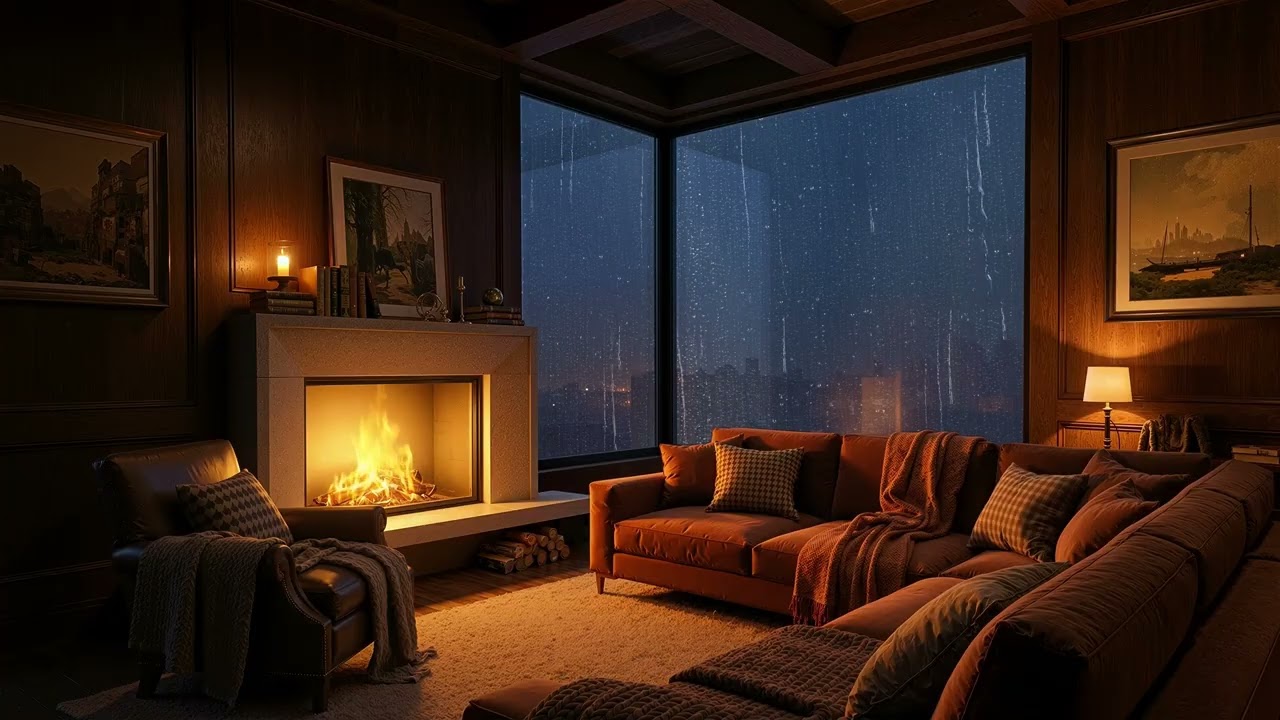 City Rain at Night & Cozy Fireplace | Luxury Apartment Ambience for Deep Sleep