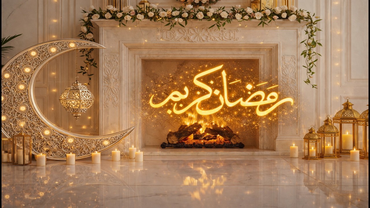 12 Hour Ramadan Kareem 4K Screensaver 🌙 Cozy Fireplace TV Ambience Background Relax رمضان