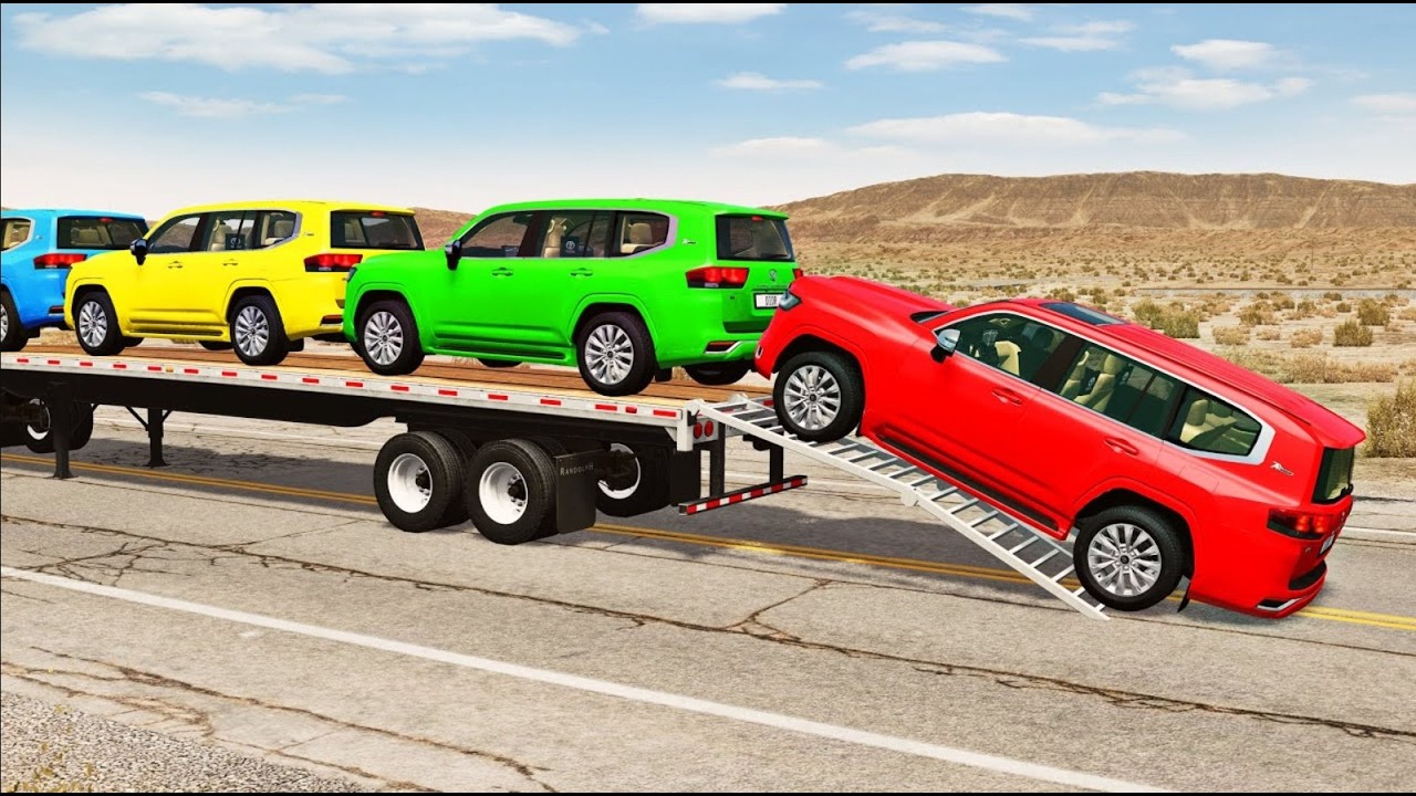 Flatbed Trailer Truck Potholes Transport Car Rescue - Cars vs Deep Water BeamNG.drive BeamNG KH #980