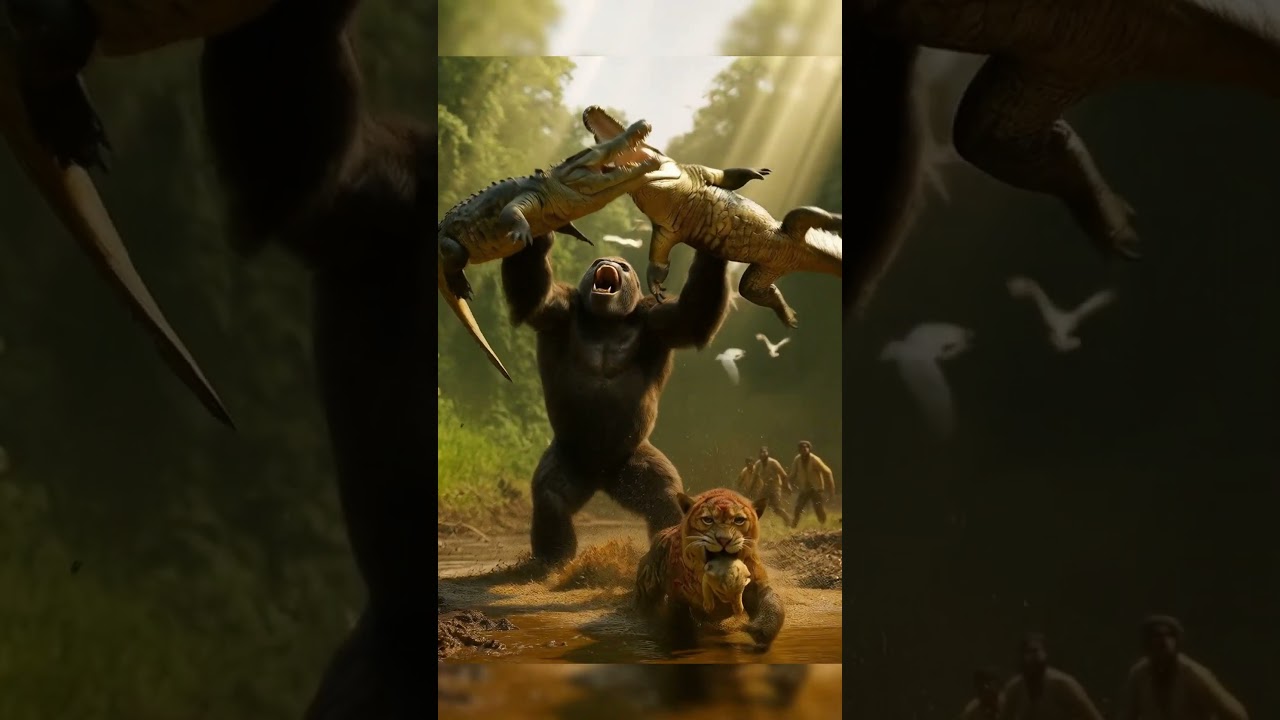 Gorilla Slams Two Crocodiles | Jungle Power Unleashed #shorts #zakatyna