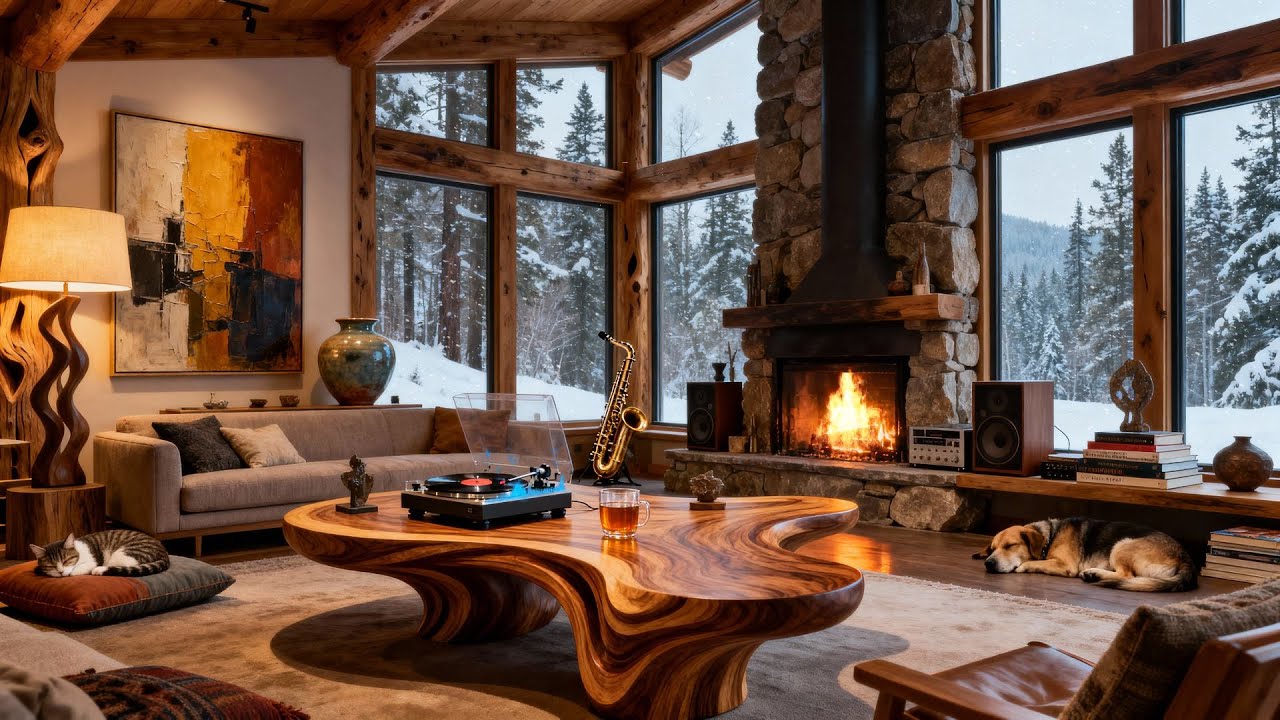 Cozy Jazz by the Fireplace | Snowy Cabin Ambience for Relaxing Nights