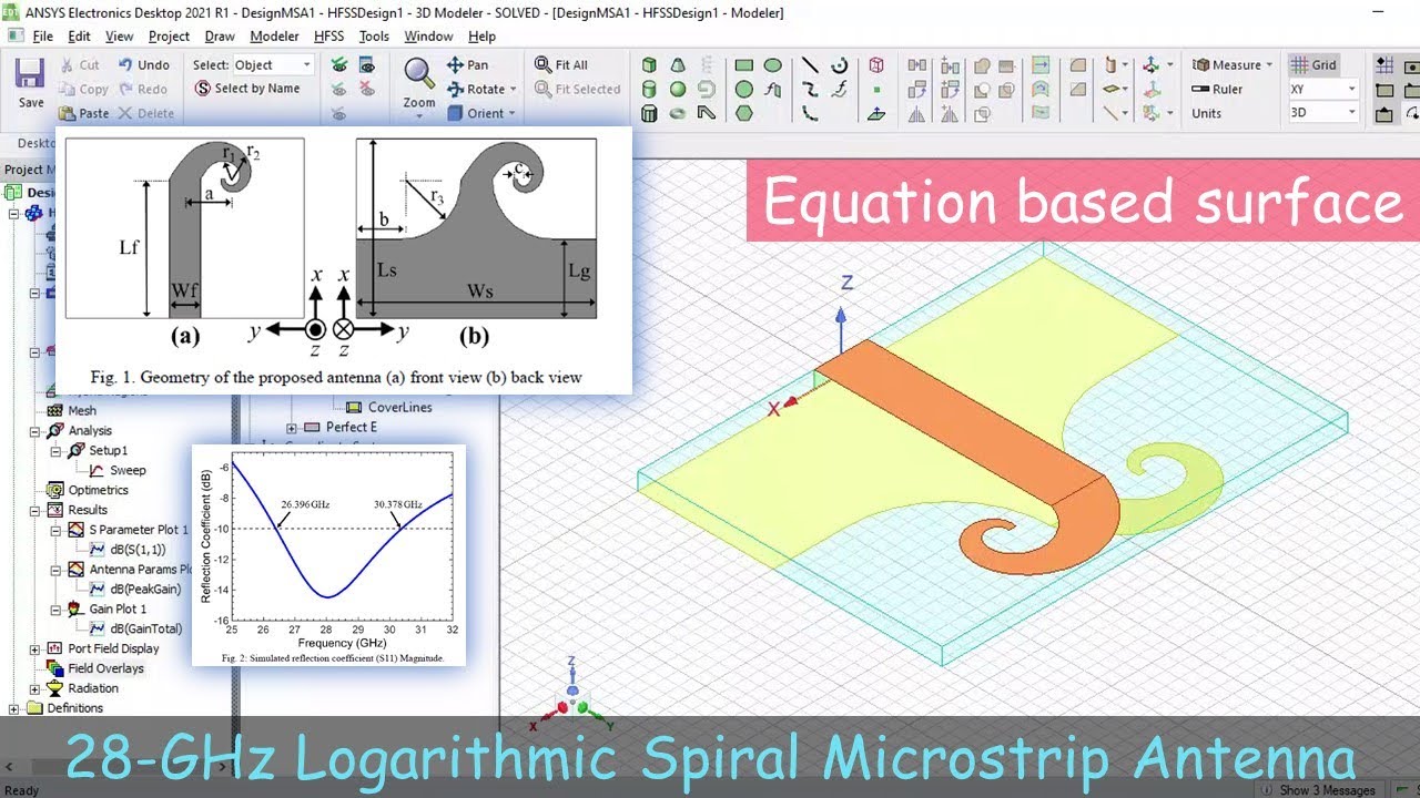 28 GHz Logarithmic Spiral Microstrip Antenna Design in HFSS || Equation Based Surface || Only HFSS