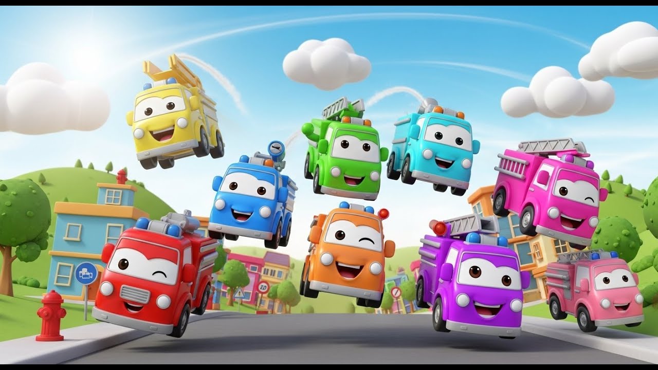 Ocho pequeños camiones de bomberos de juguete ¡Uuuh-uuuh-uuuh!