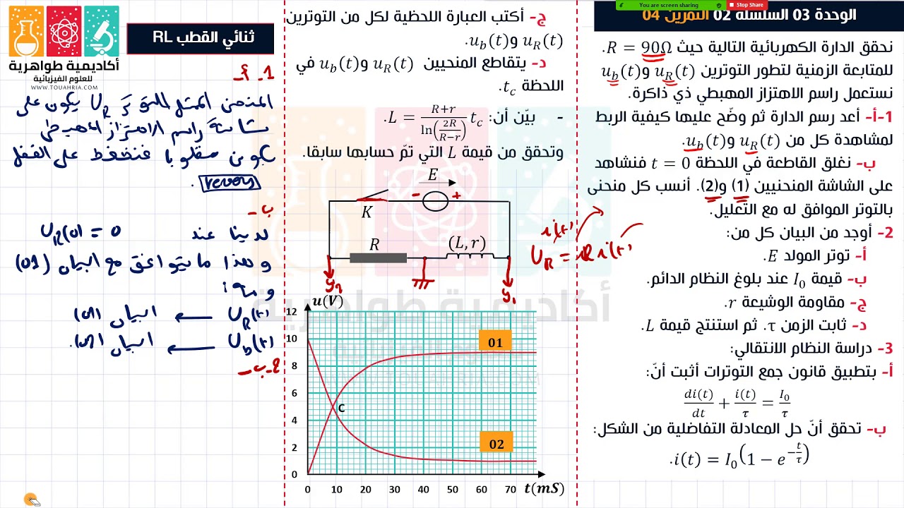 102# تمرين حول ثنائي القطب RL (الوشيعة) المعادلة التفاضلية لشدة التيار i وراسم الاهتزاز المهبطي