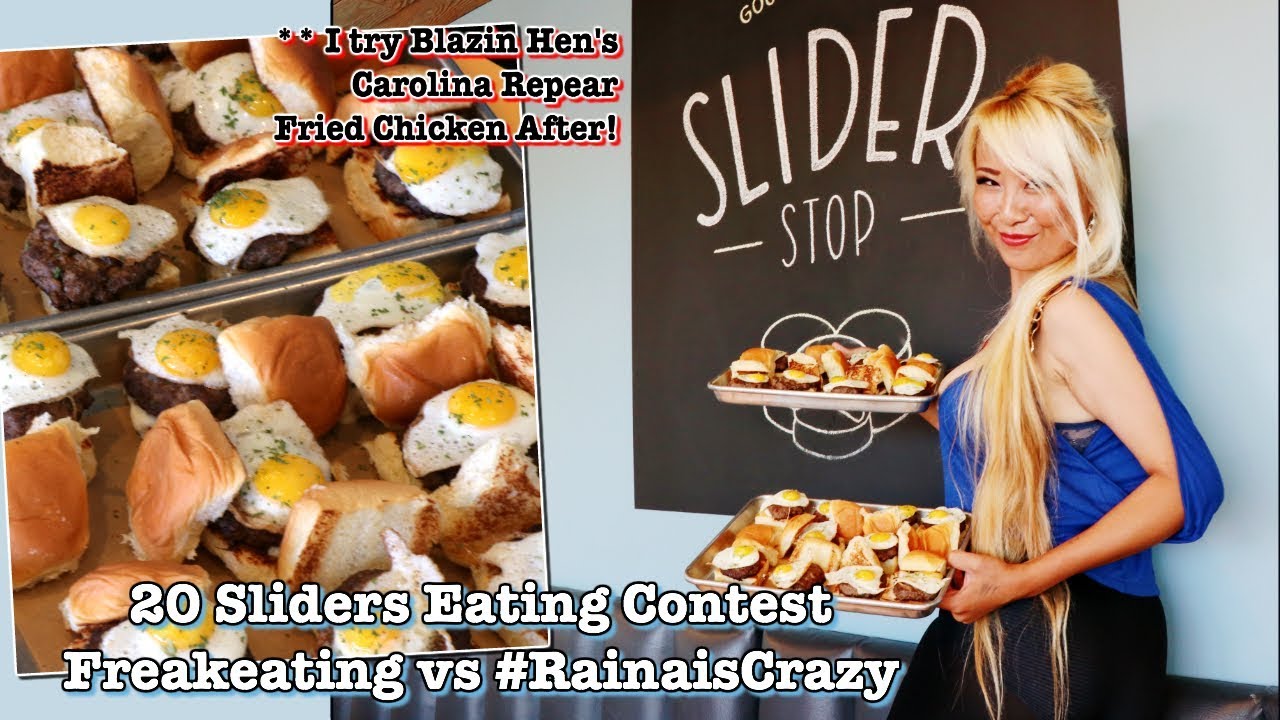 20 Sliders Eating Contest @Slider Stop | Blazin' Hen's Carolina Reaper Fried Chicken | RainaisCrazy