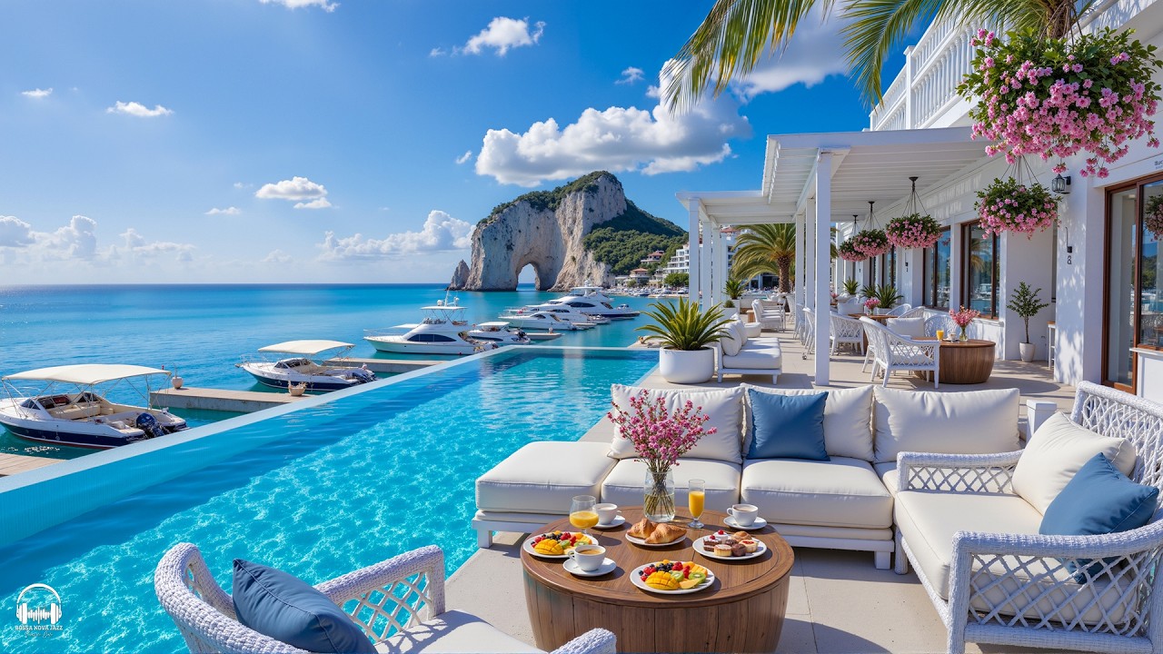Morning Seaside Resort Ambience with Elegant Bossa Nova Jazz Music & Ocean Waves for Positive Moods