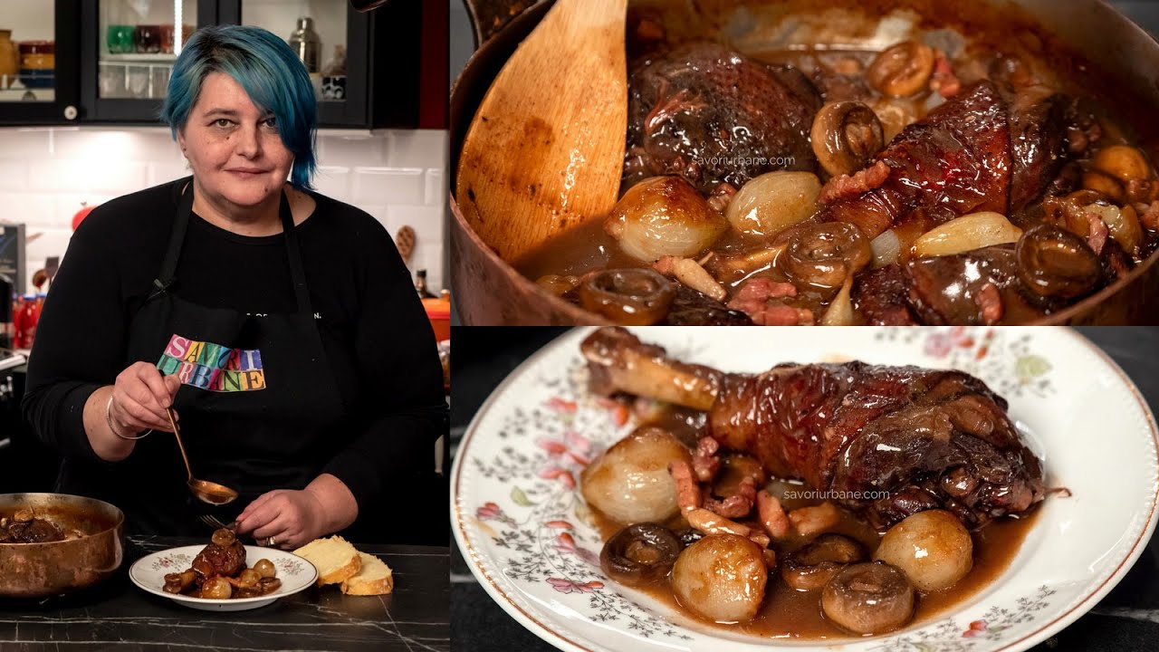 COQ AU VIN rețeta autentică de cocoș cu sos de vin roșu, cognac și ciuperci rumenite | Savori Urbane