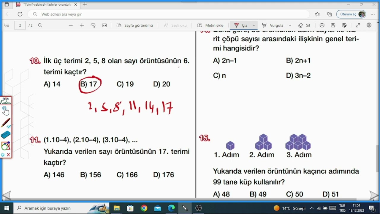 7.Sınıf Cebirsel İfadeler Örüntüler Test 4