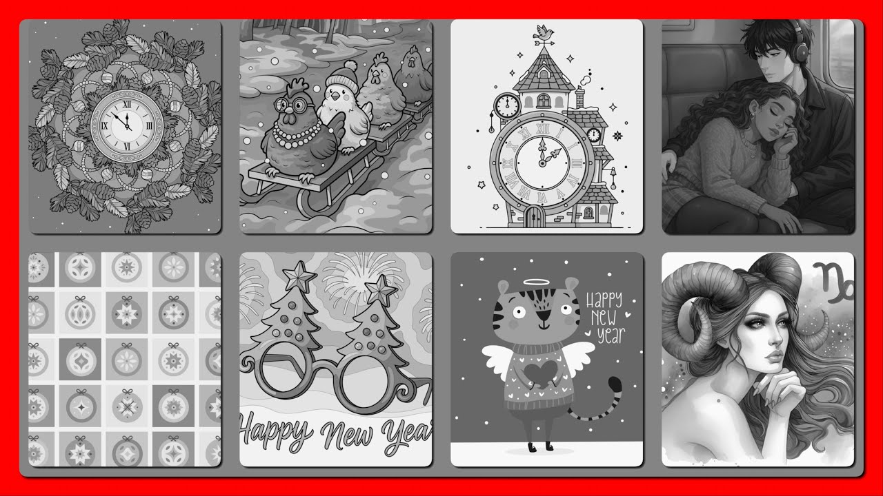 Happy New Year 2026 Collage Winter Chickens, Capricorn Hey Color app #relaxmindgames #coloring