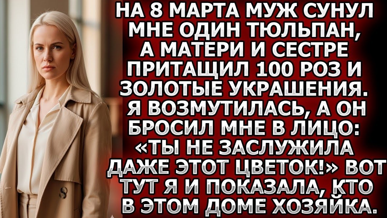 На 8 марта муж дал мне тюльпан, а матери 100 роз и золото. Потом бросил: &laquo;Ты не заслужила даже его!&raquo;