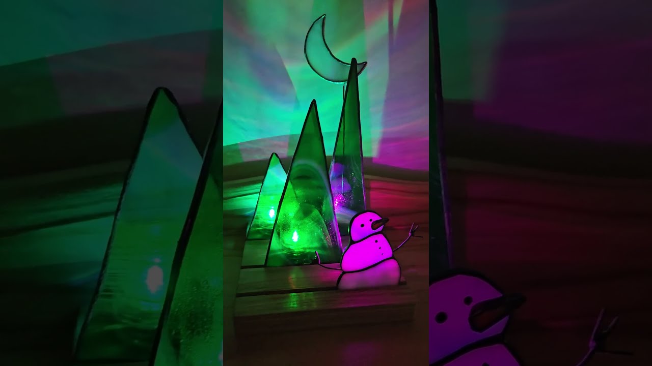 Stained Glass 3D winter diorama snowman, moon and trees