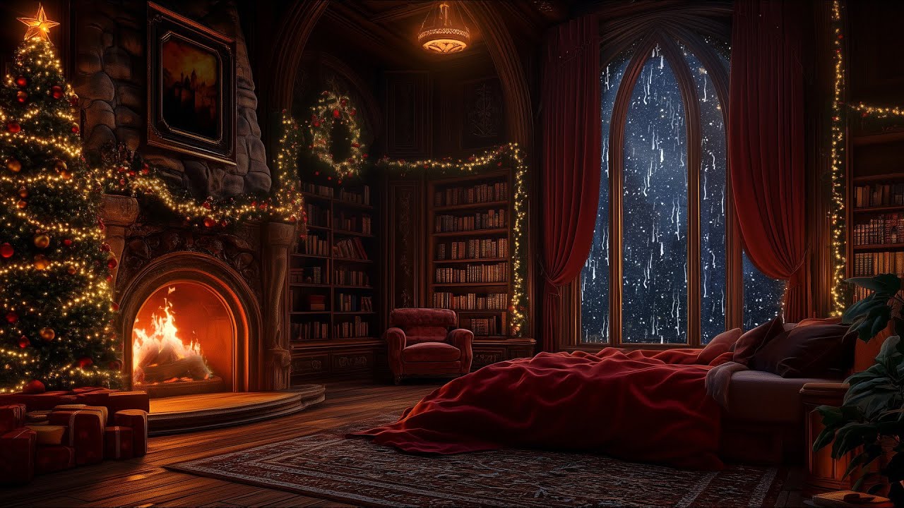 Christmas | Cozy Castle Haven - Rain, Fireplace & Thunderstorm Sounds to Sleep Instantly