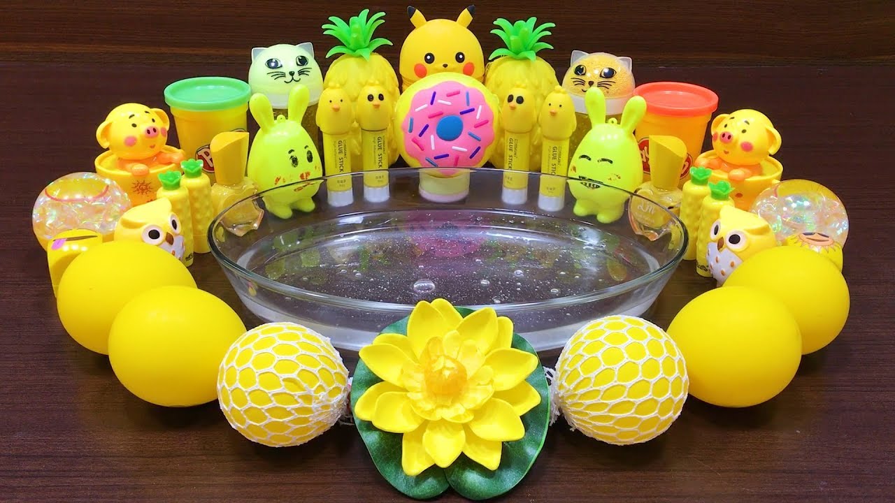 Series YELLOW Slime! Mixing Random Things into Clear Slime !! Satisfying Slime Videos #15 - Nastya