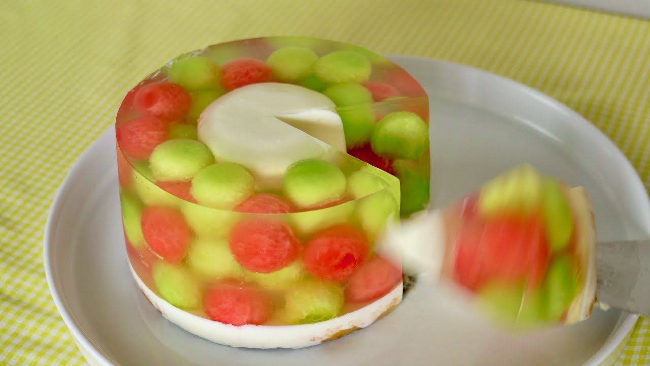 Watermelon & melon balls no-bake cheesecake スイカとメロンのレアチーズケーキ