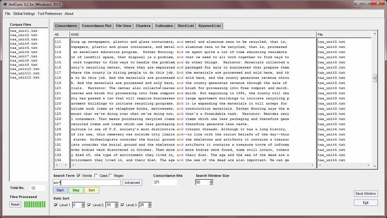 AntConc 3.2.4 Учебник 2: Инструмент согласования — Расширенные функции