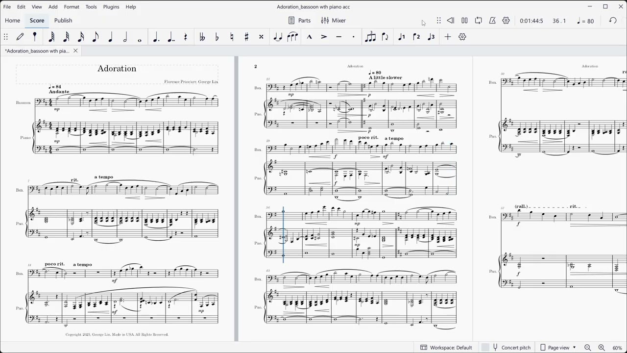 Adoration (Florence Price).  Sheet music arranged for bassoon with piano accompaniment.