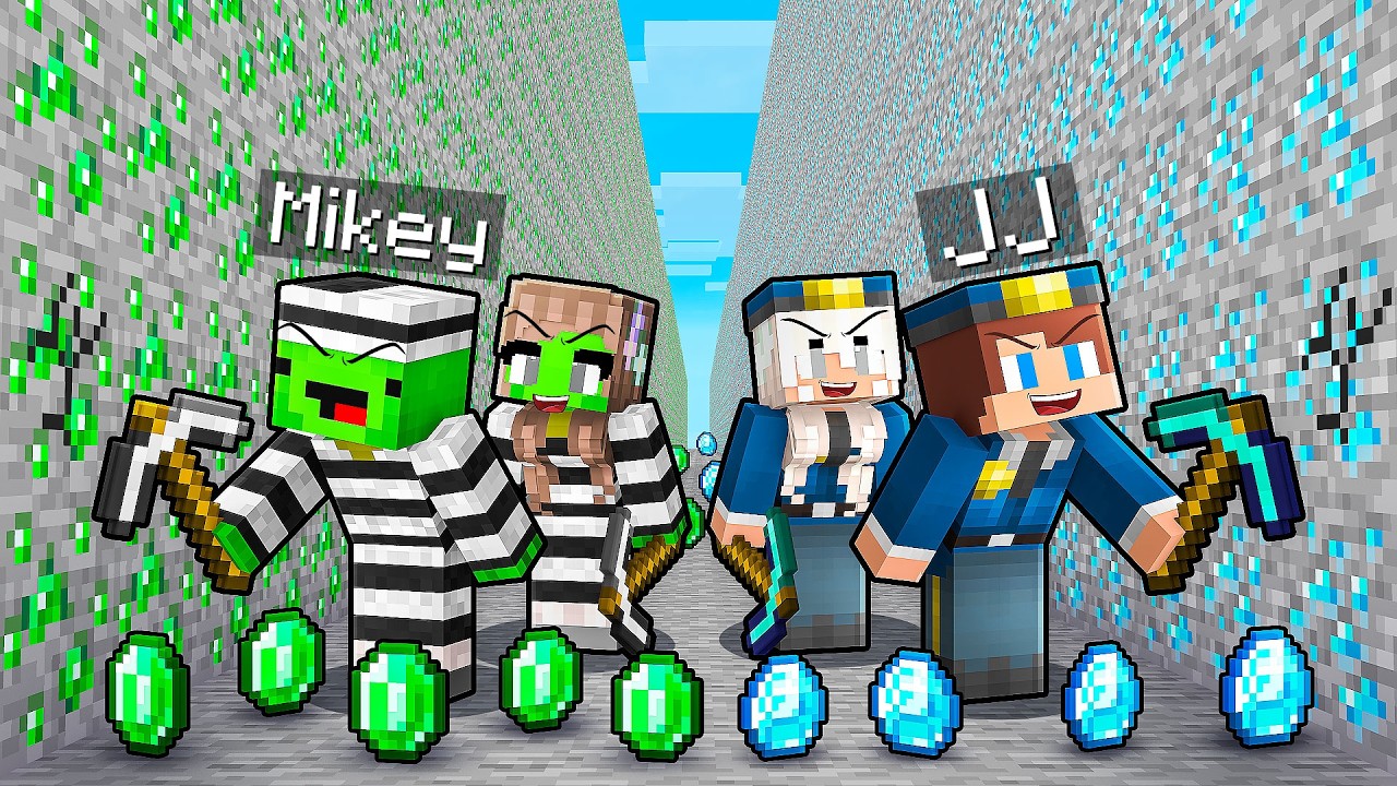 JJ and Mikey: POLICE vs CRIMINAL Mine Battle in Minecraft - Maizen