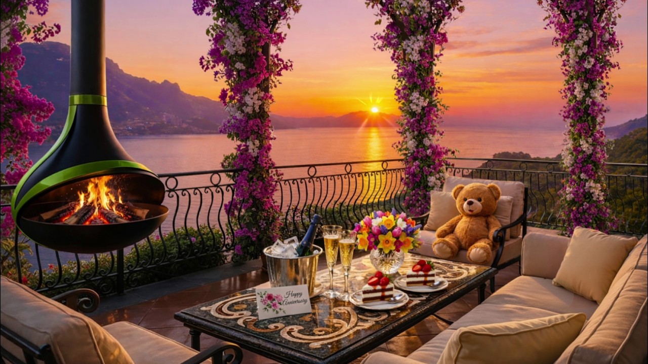 Spring Jazz by the Fireplace 🌸 Sunset Romance on the Amalfi Coast | Study, Work & Relax