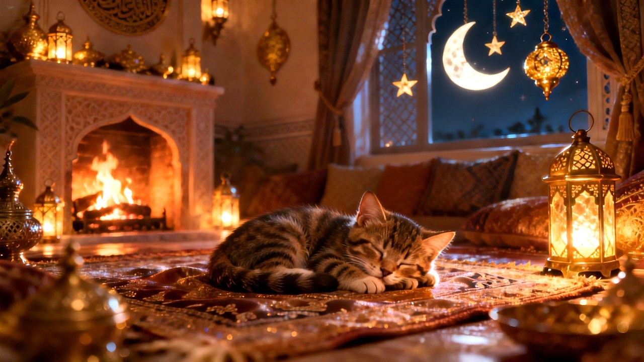 Ramadan Iftar Fireplace Ambience with Cat | Fireplace 10 Hours | Fireplace Ambience | Cozy Fireplace