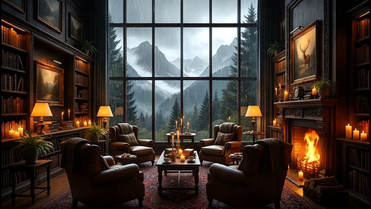 Scottish Highlands Library Ambience | Cozy Fireplace & Rain Sounds for Relaxation