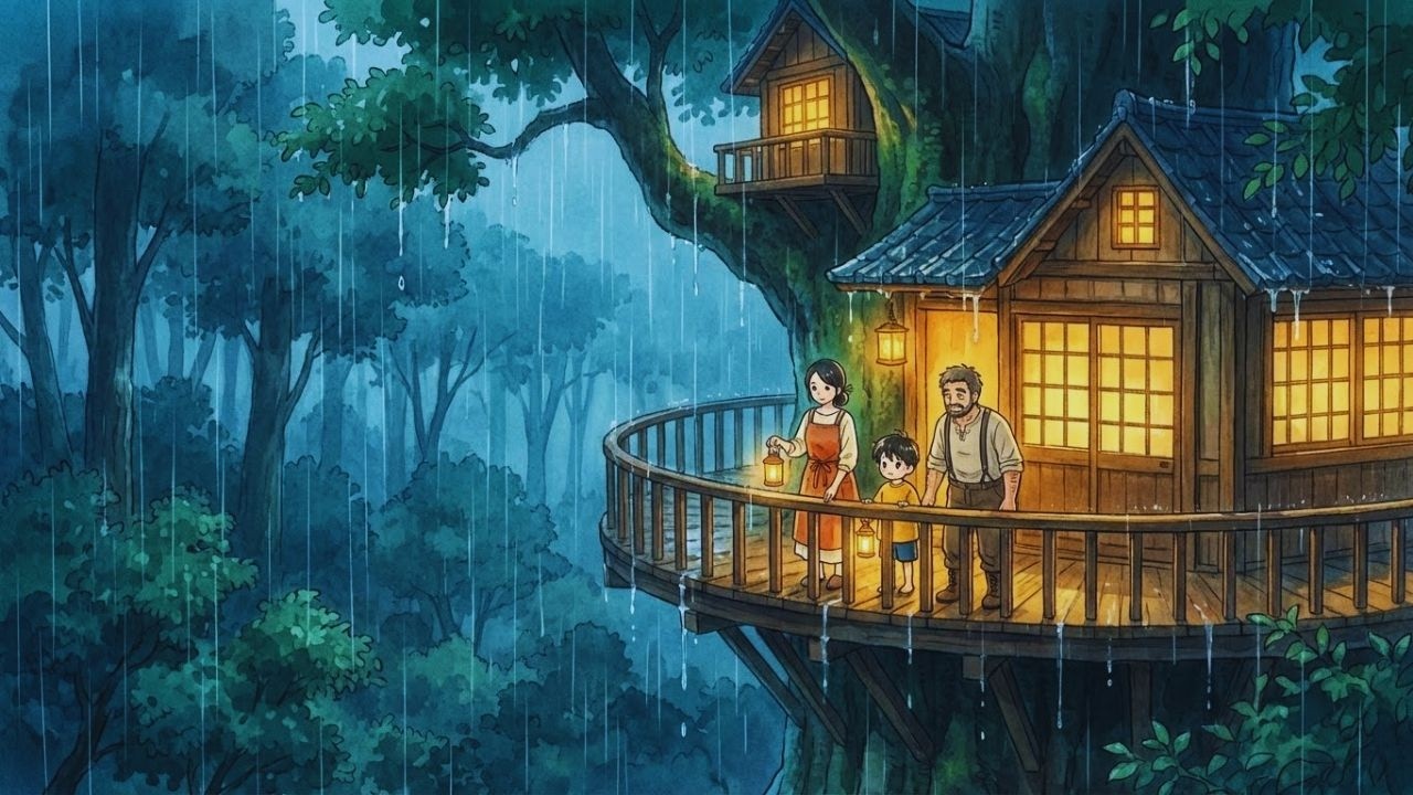Relaxing Rain & Cooking in Giant Treehouse 🍲 Ghibli Anime Ambience | Sleep Aid ASMR