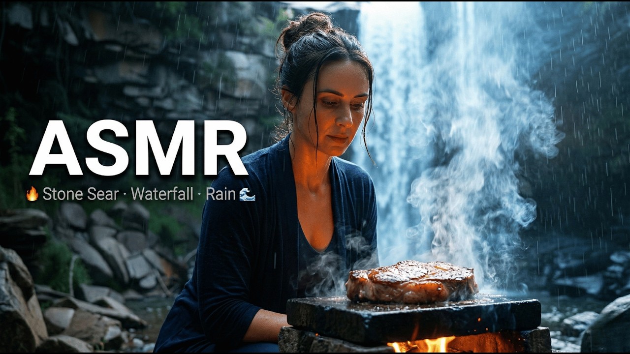 ASMR | Cooking Ribeye on a Fire-Heated Stone at a Waterfall in the Rain 🌊🔥