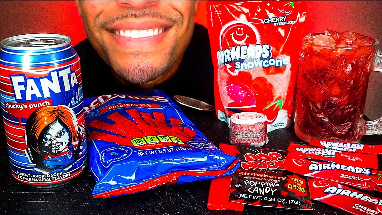ASMR EATING ALL RED COLOR CANDY FOOD ONLY PARTY MUKBANG JERRY POP ROCKS FANTA SODA POUR AIRHEADS