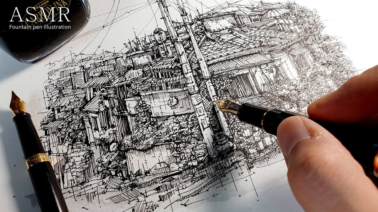 【ASMR】 만년필로 그림 그리는 소리 SOUND and DRAWING by a Lamy fountain pen ✒ Side Street  No Talking